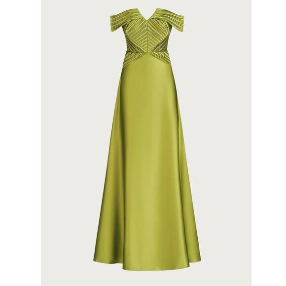 Theia Venus Pleated Off-Shoulder Drape A-Line Gown Peridot Size 0 NWT - Picture 2 of 15